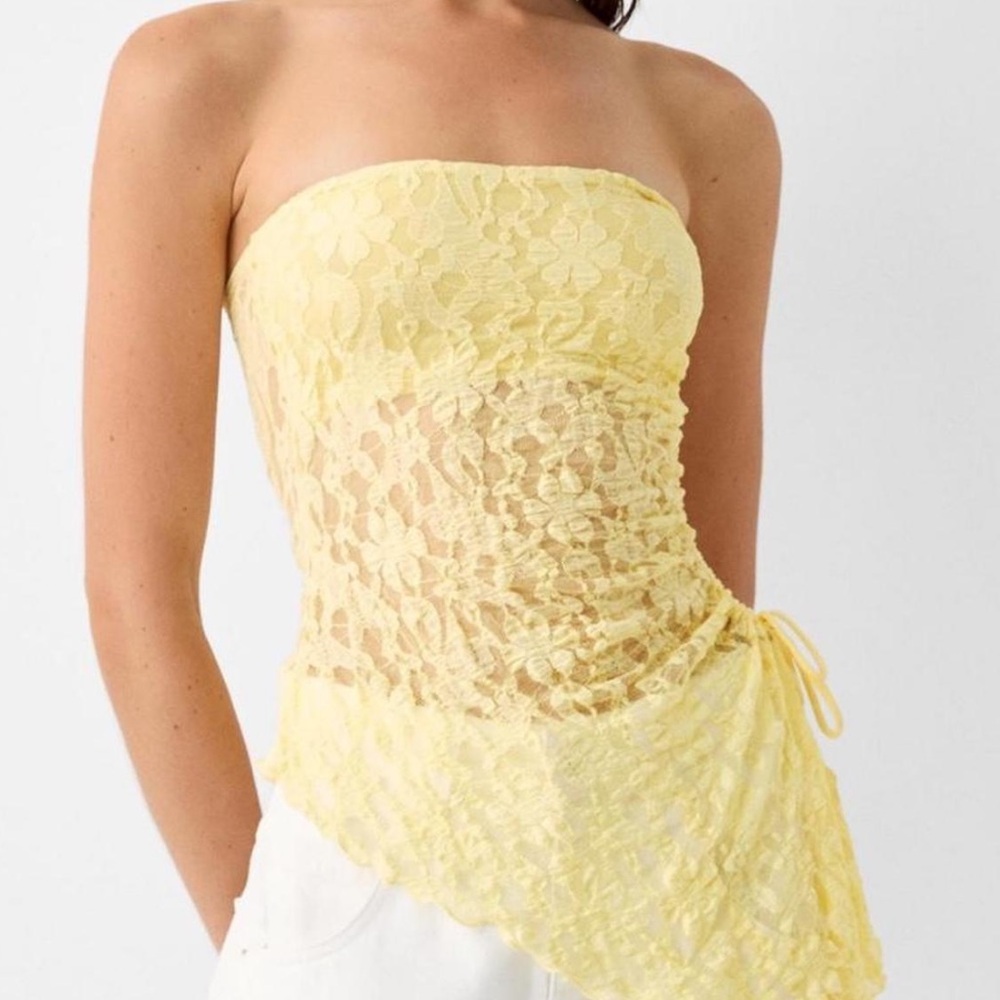 Bershka Yellow Lace Asymmetrical Bandeau Tube Top